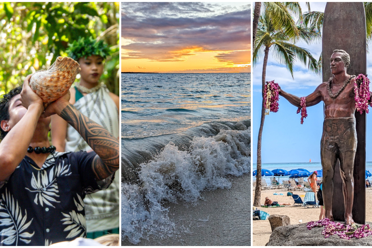 three-part image of a man blowing into a seashell, some ocean waves at sunrise, and statue of a surfer