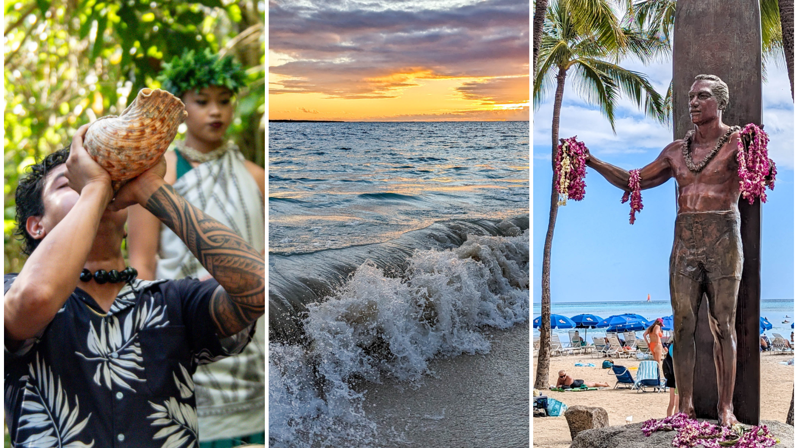 three-part image of a man blowing into a seashell, some ocean waves at sunrise, and statue of a surfer