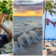 three-part image of a man blowing into a seashell, some ocean waves at sunrise, and statue of a surfer