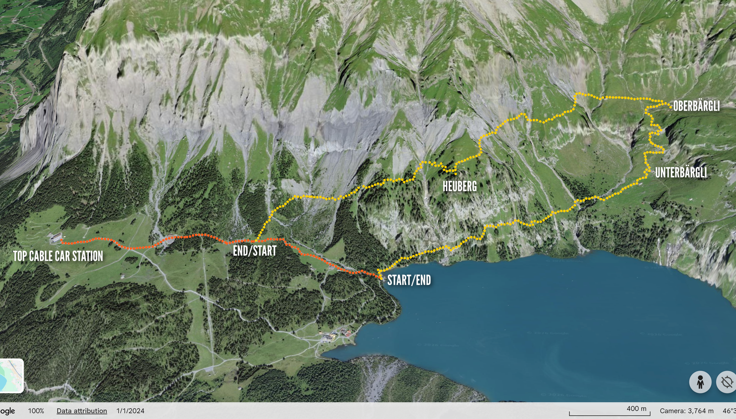 trail drawn on top of a mountain satellite view