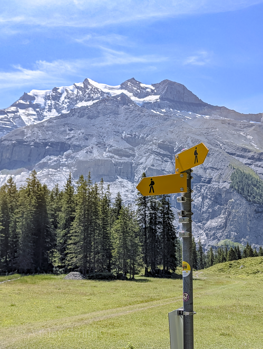 hiking sign pointing two directions in the mountains