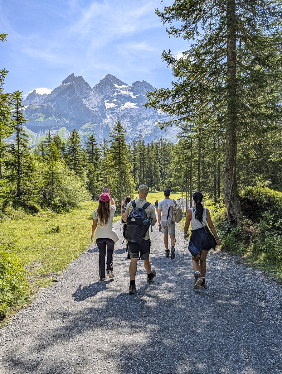people walking on a gravel path in the woods